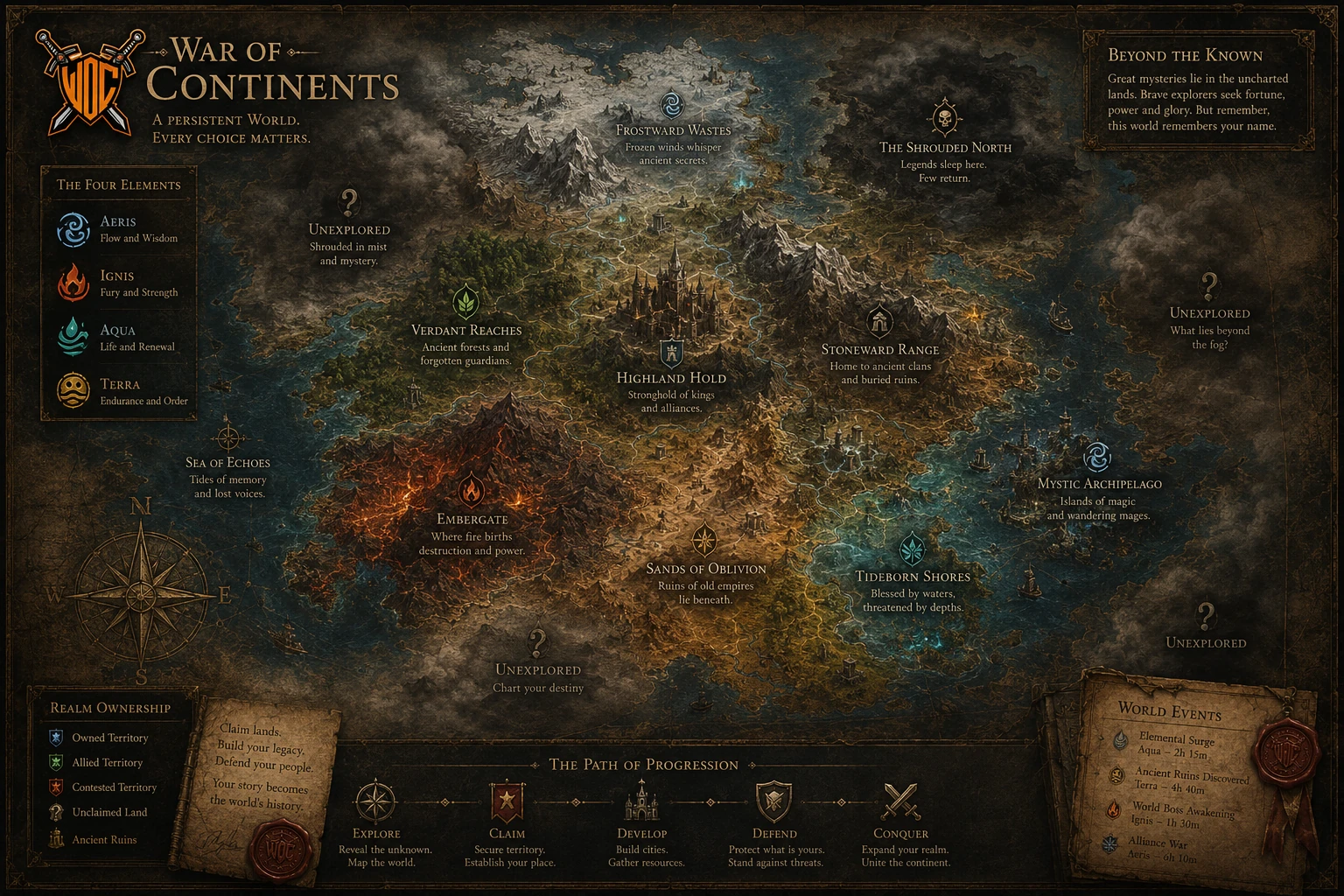 A parchment-style strategy map of the War of Continents world