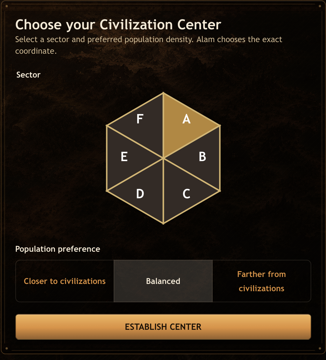 The initial Civilization Center setup screen with sector A and the Balanced population preference selected.
