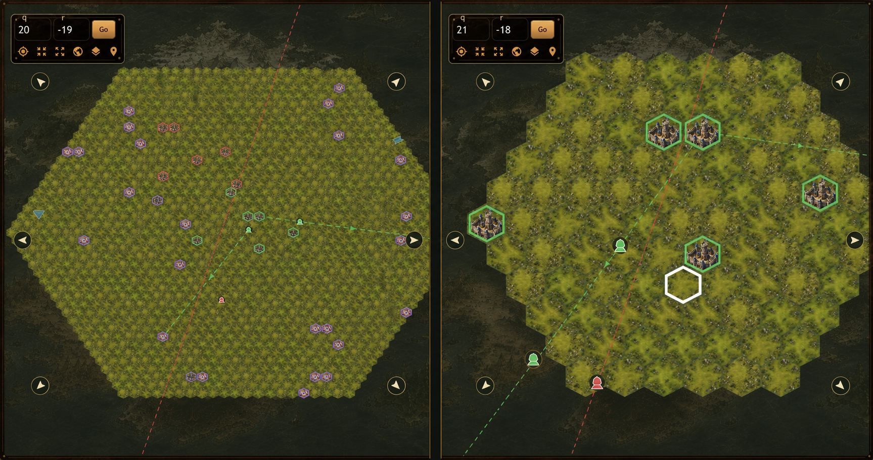 Hero movement shown in Medium and Local views, with green routes for the player's Heroes and red for another civilization.