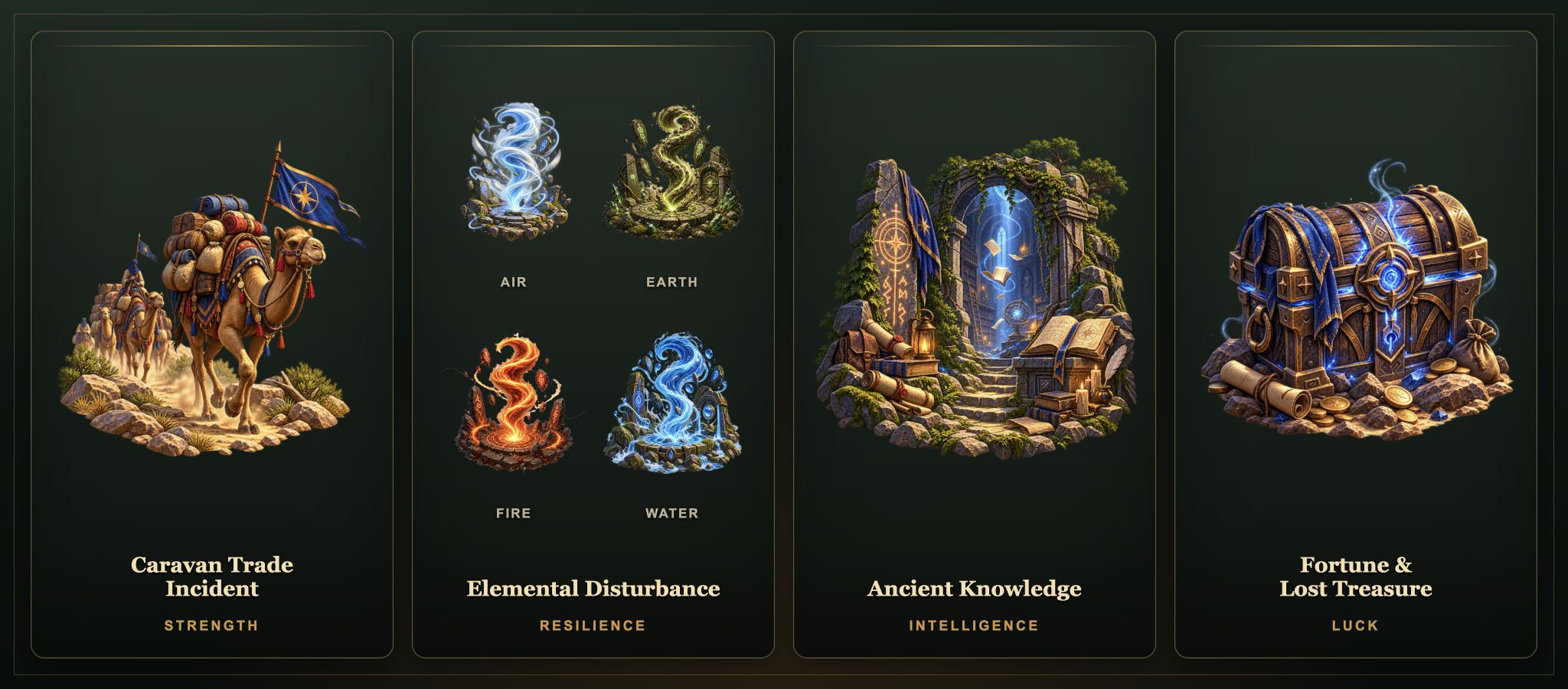 The four Response Mission families: Caravan Trade Incident, four forms of Elemental Disturbance, Ancient Knowledge, and Fortune and Lost Treasure.