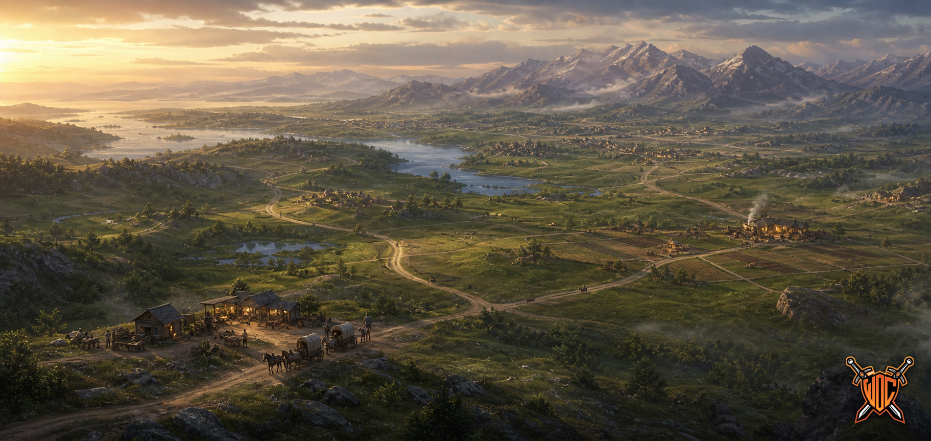 Roads connect settlements, fields, workshops, and a travelling caravan across Alef.