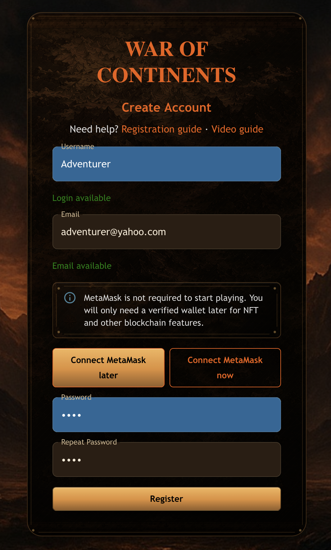 Completed registration form